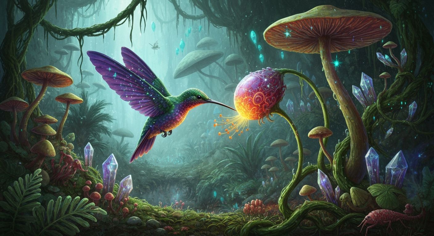 Bioluminescent Hummingbird Sipping Nectar in Alien Jungle