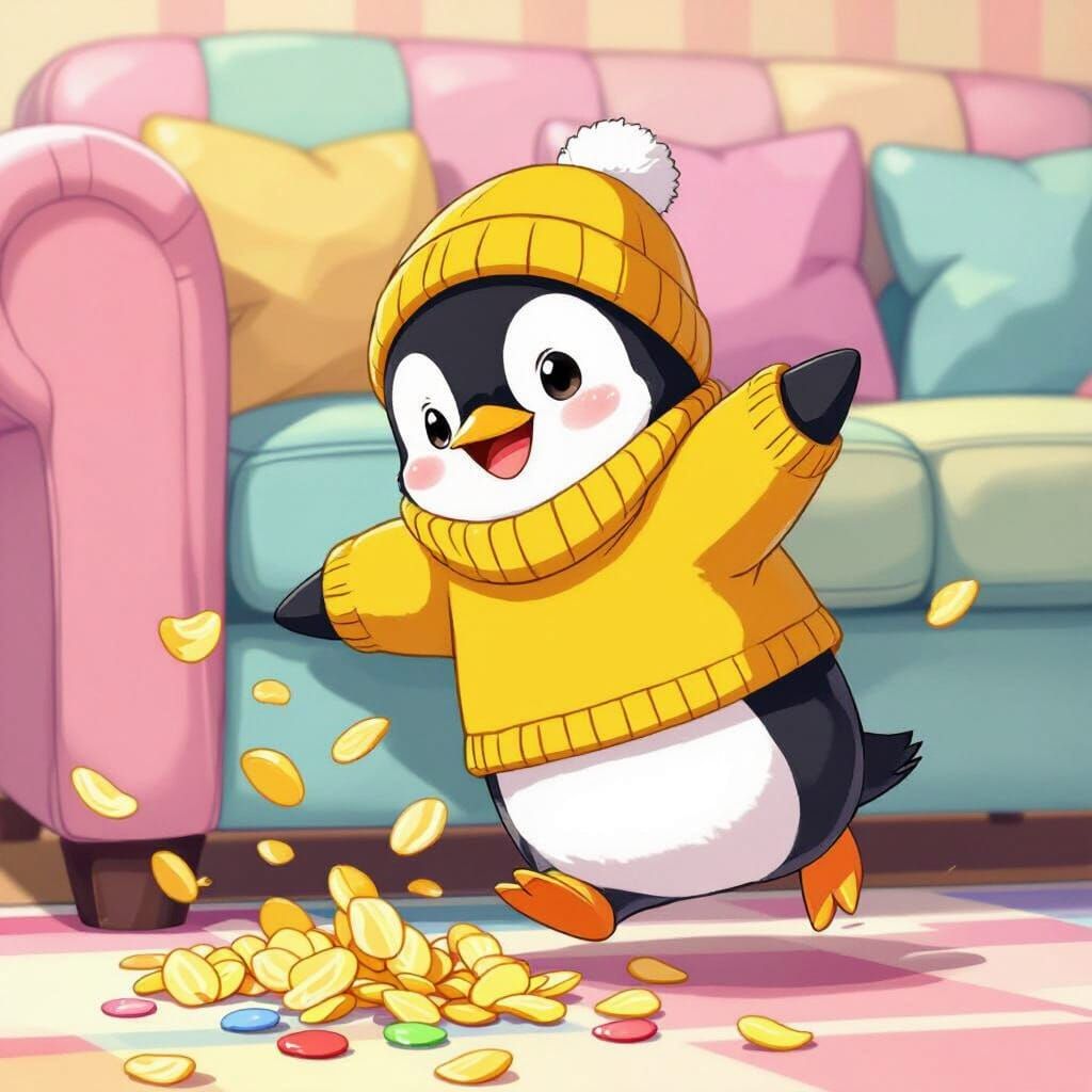 Adorable Penguin's Chip Mishap: Cute Anime Style