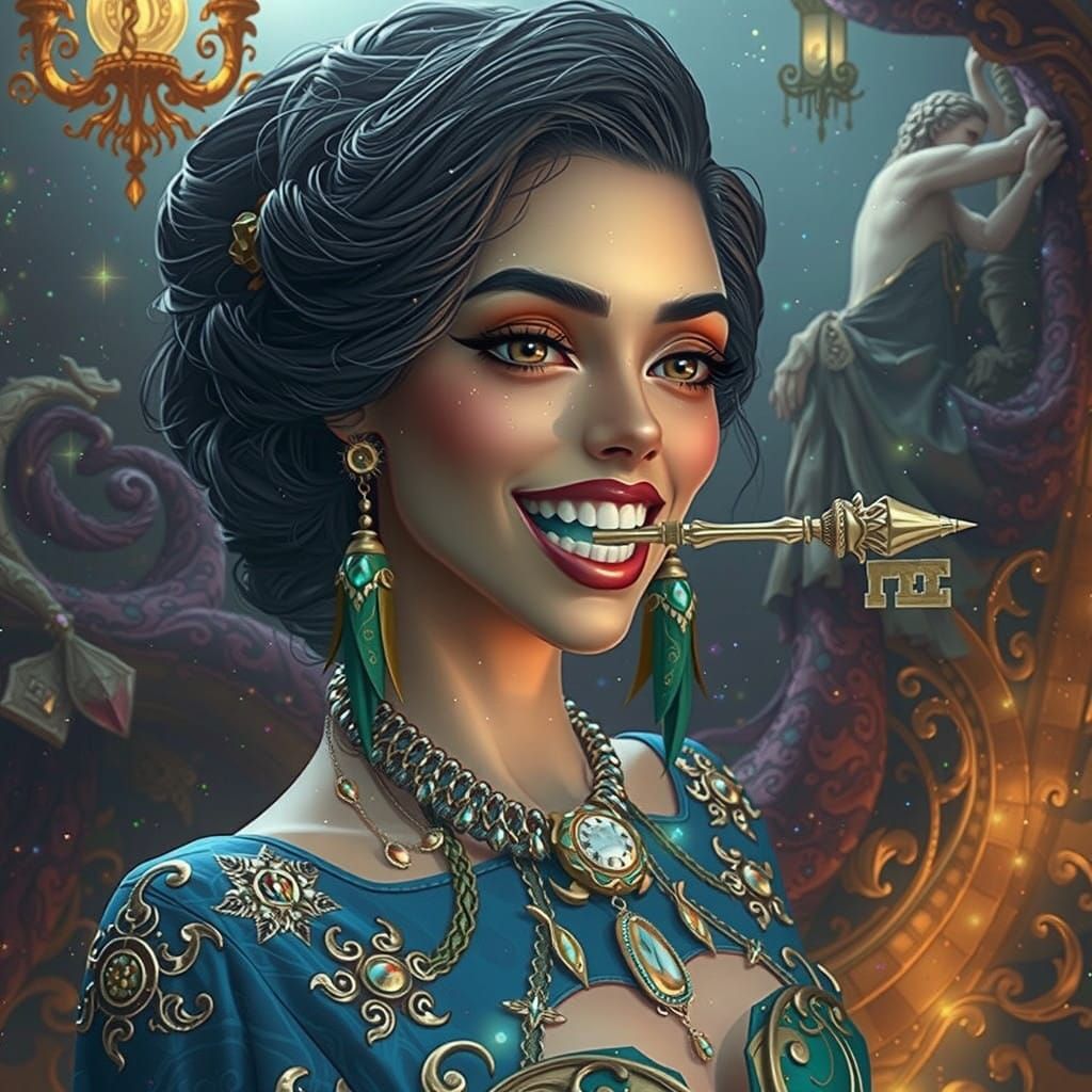 Ethereal Fantasy Woman in Emerald Green Gown with Key