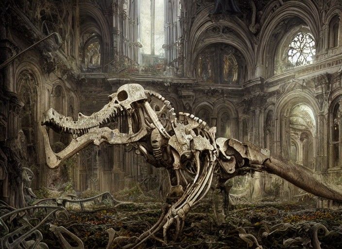 Gynoid in Dinosaur Cathedral, Dutch Golden Age Style