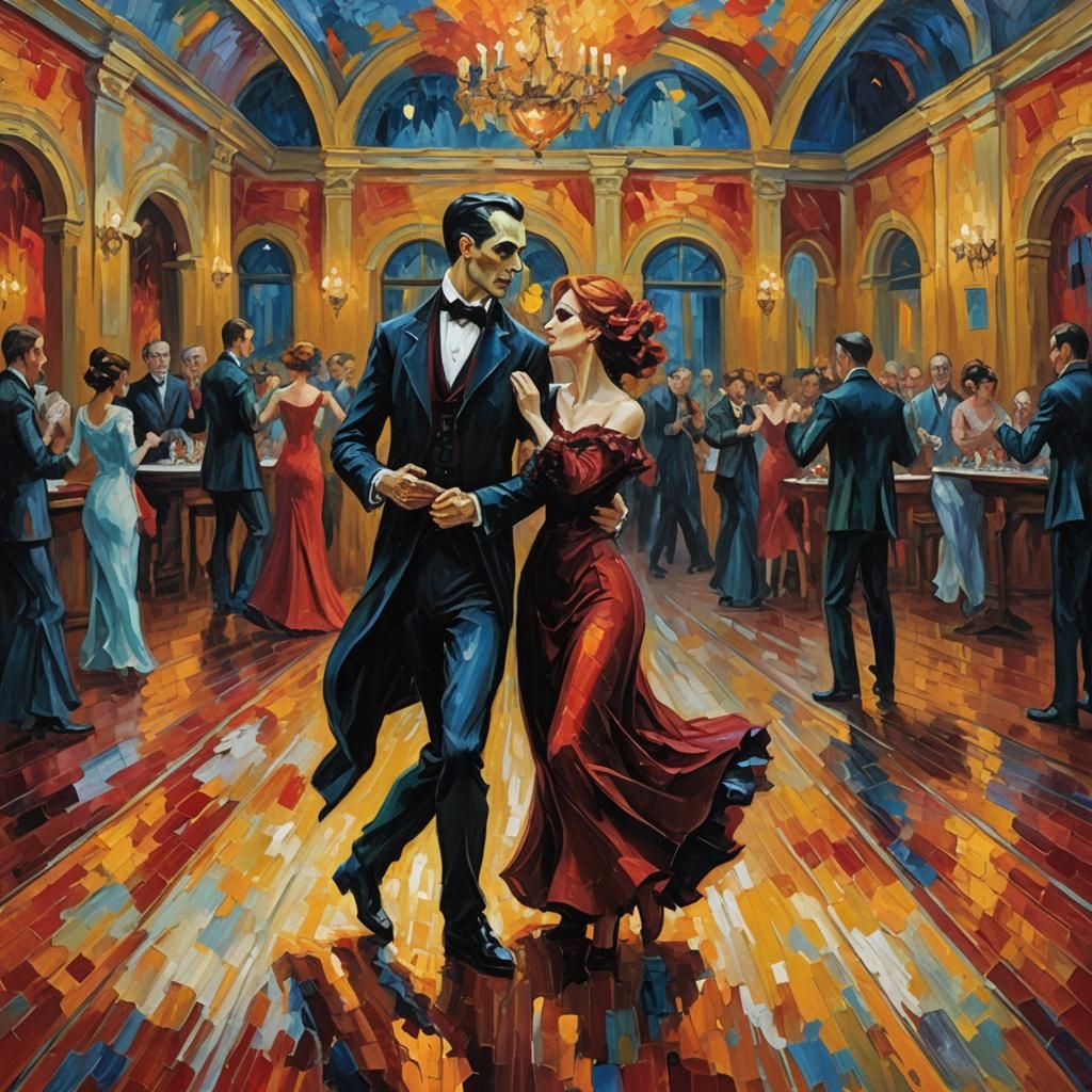 Vampire Couple Dancing: Neo-Impressionist Oil Painting