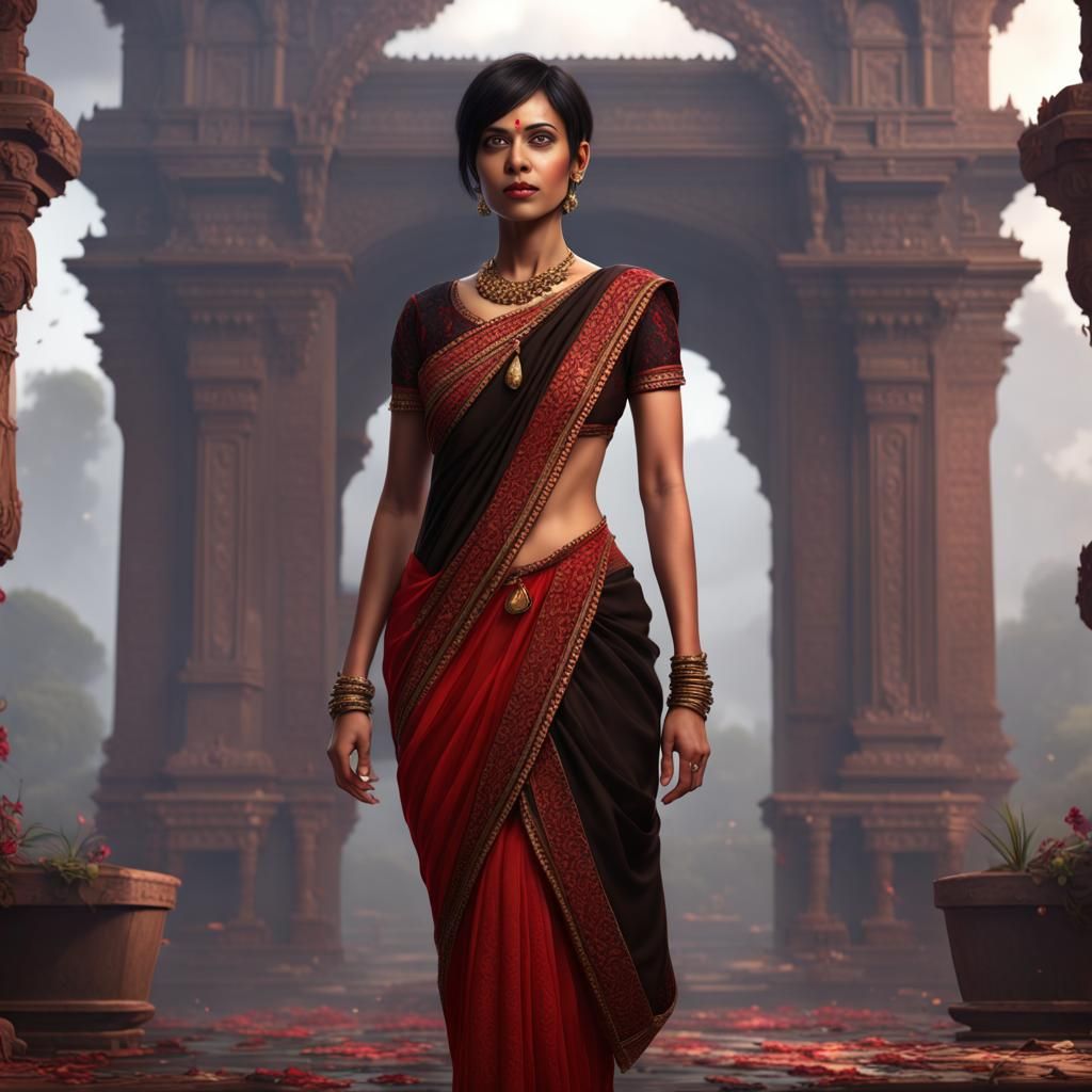 Indian Woman in Red Saree: Detailed Matte Painting