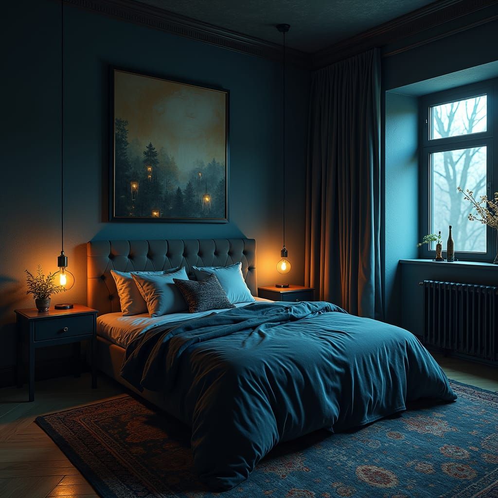 Dark Bedroom with Gold Accents in Digital Painting Style