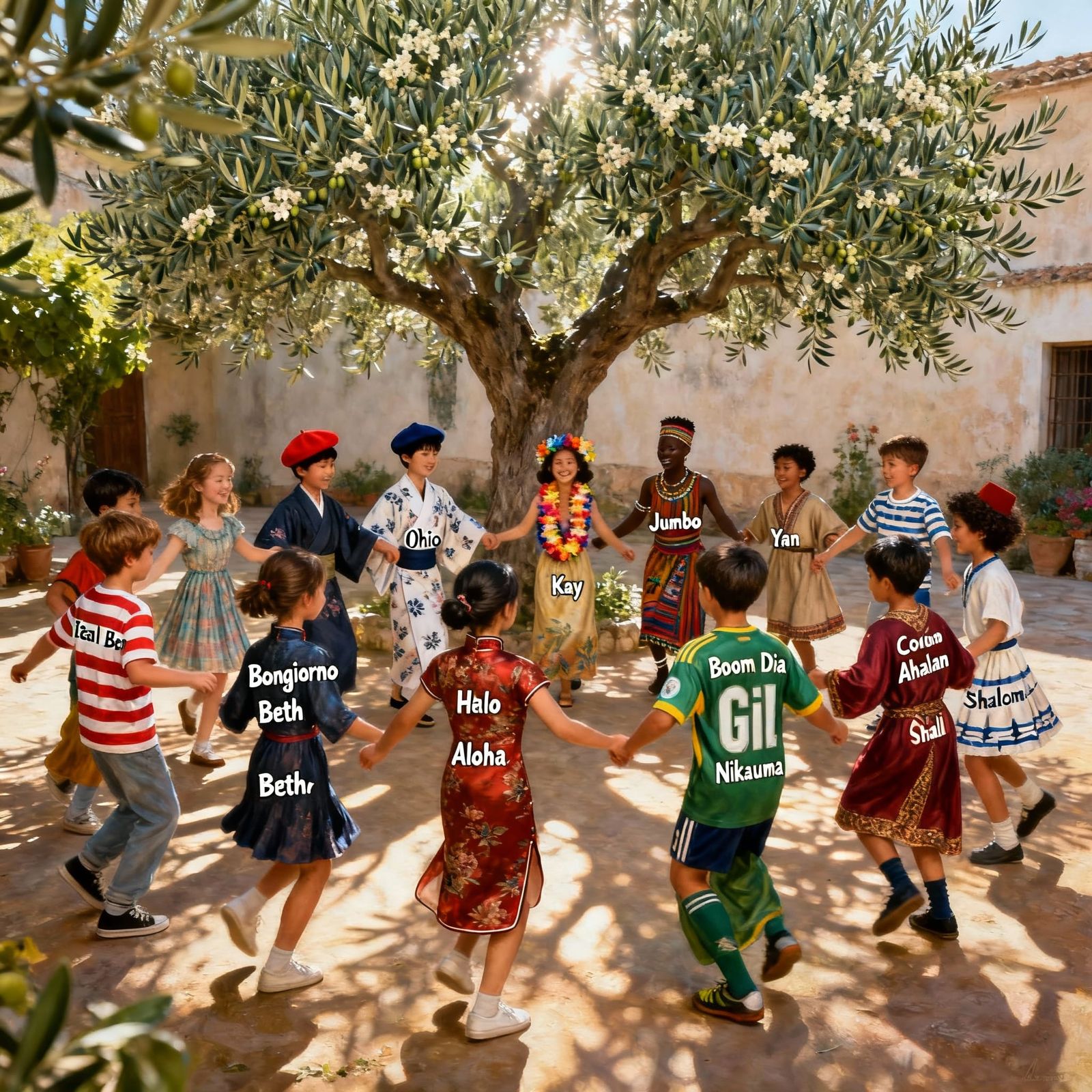 Diverse Children Dancing Joyfully Under Olive Tree