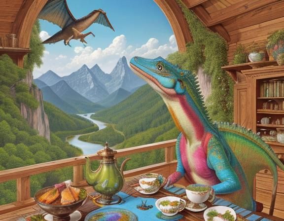Lizard and Pterodactyl Tea Party: Whimsical Illustration
