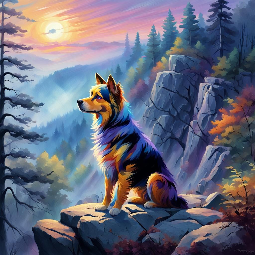 Dog Overlooking Misty Forest in Vibrant Oil Painting