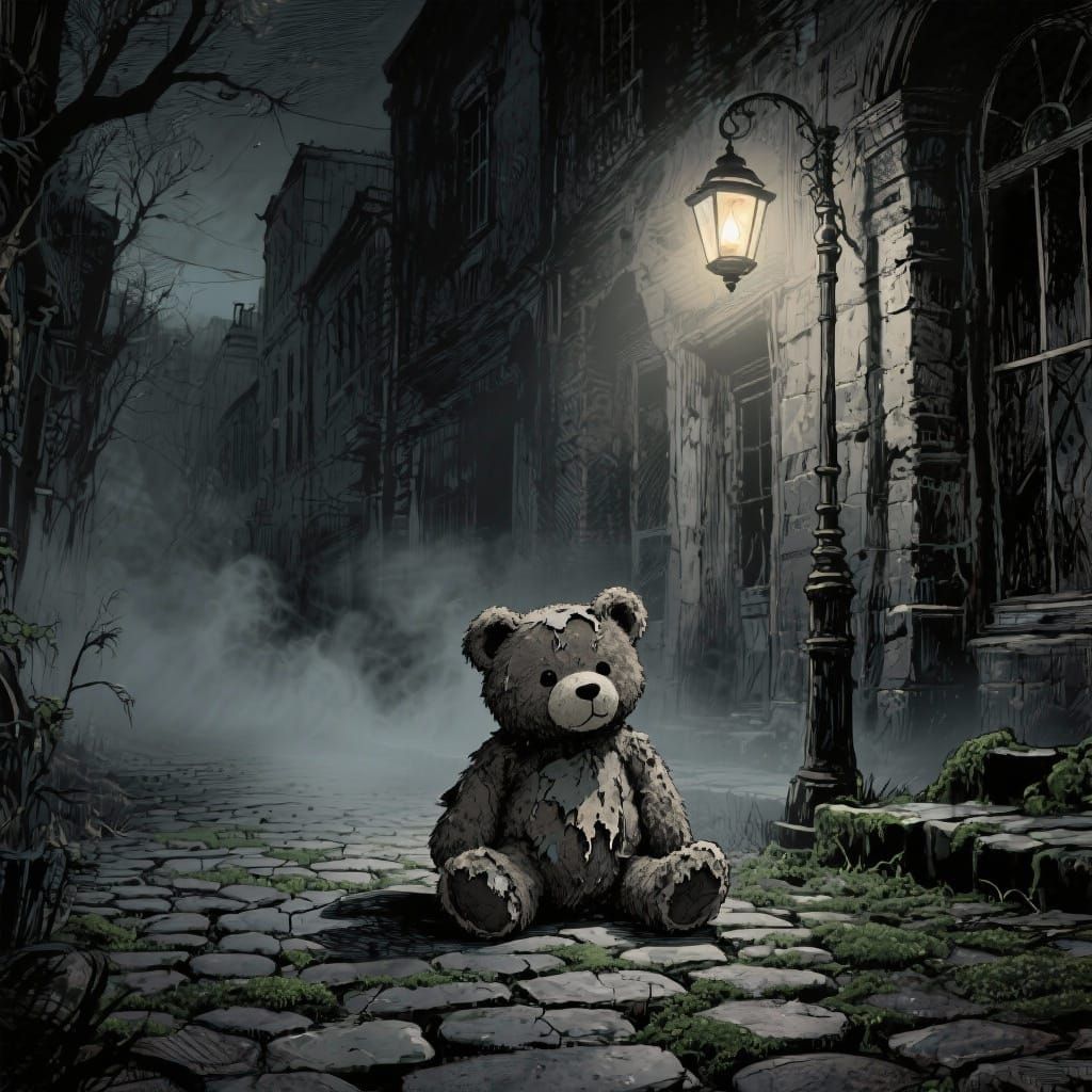 Tattered Teddy Bear on Foggy Victorian Street