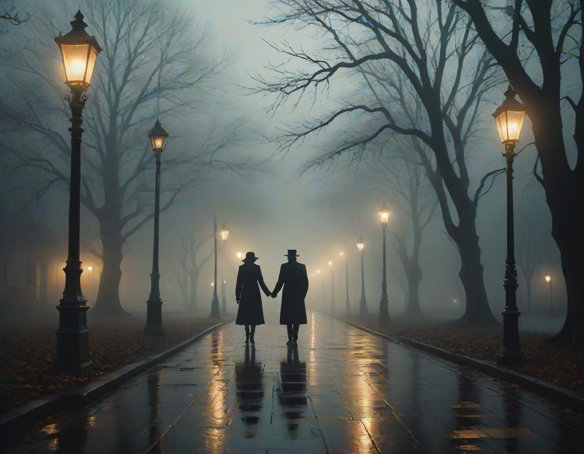 Film Noir Figure Walks Through Foggy Night