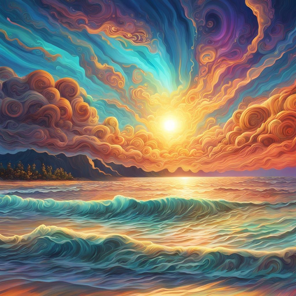 Cosmic Beach Sunset Illustration in Astral Colors