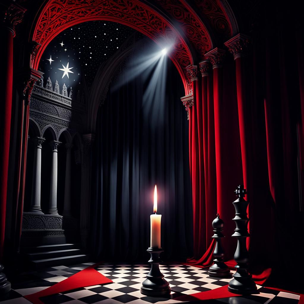 Expressionist Chess Scene with Candle and Stars