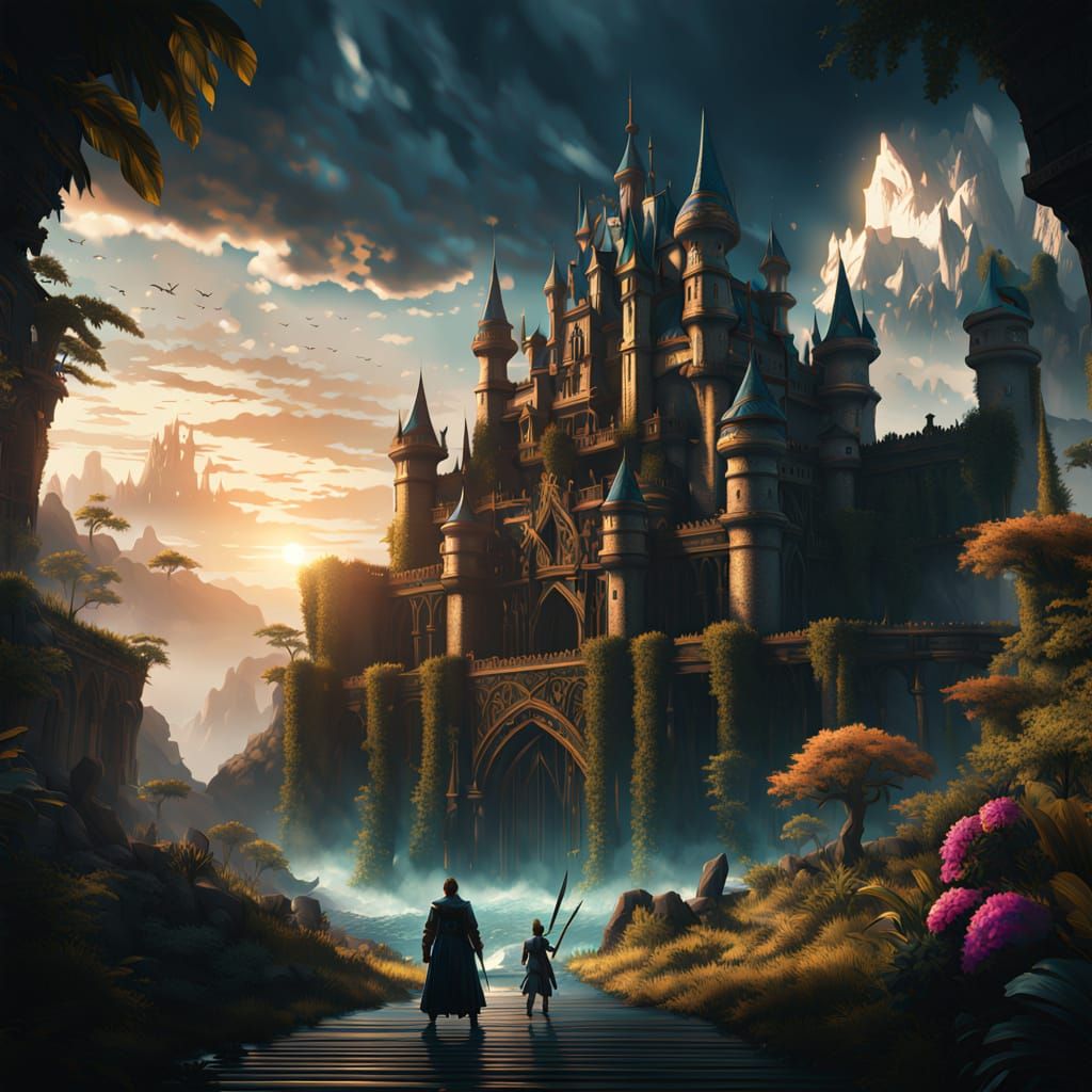 Anime Prince Protecting Child in Castle Hallway