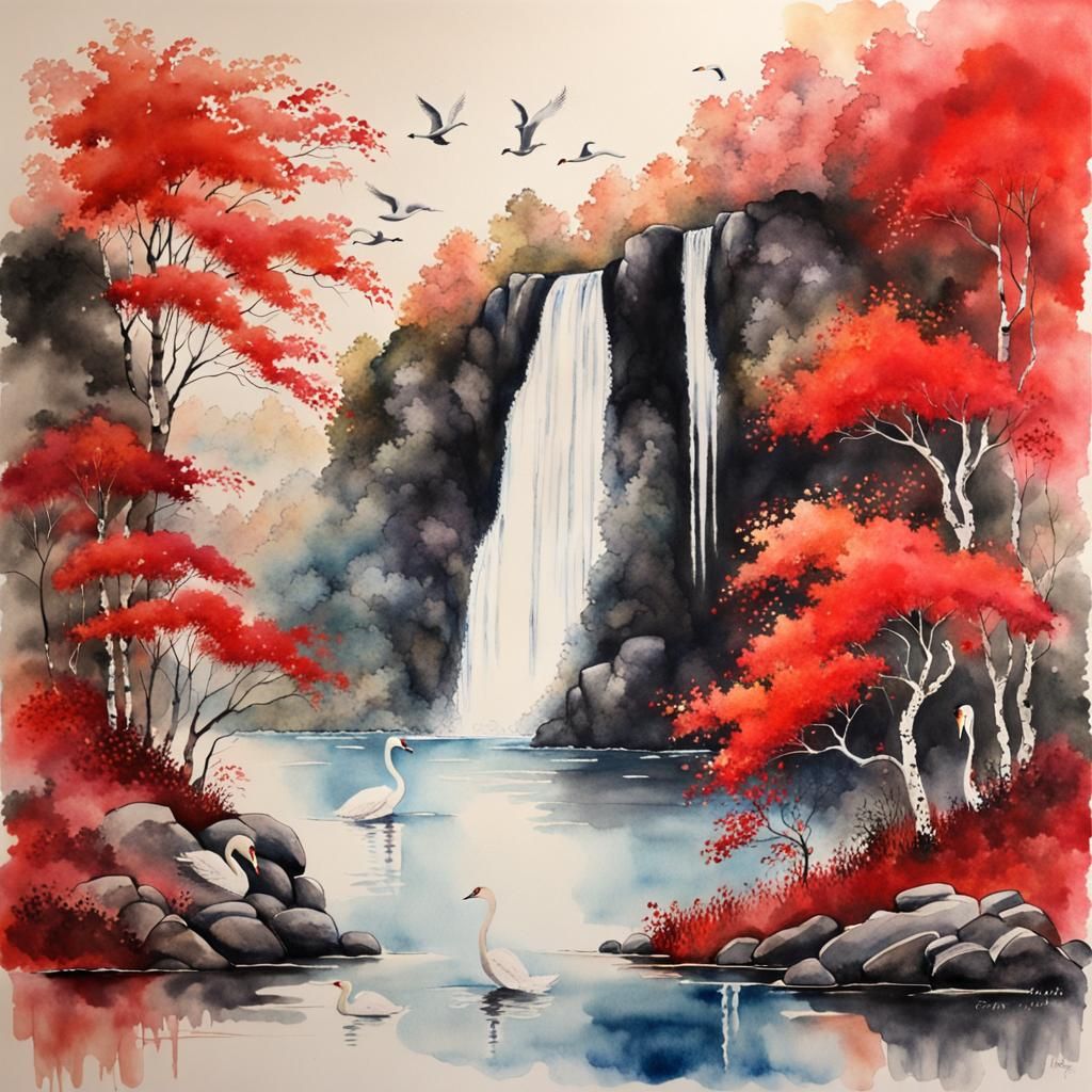 Picturesque Waterfall Scene in Watercolor Style