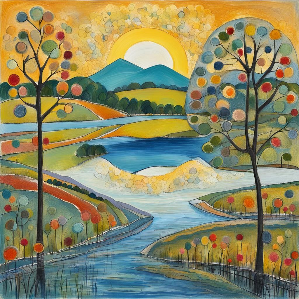 Peaceful Lake Landscape in Art Brut Style