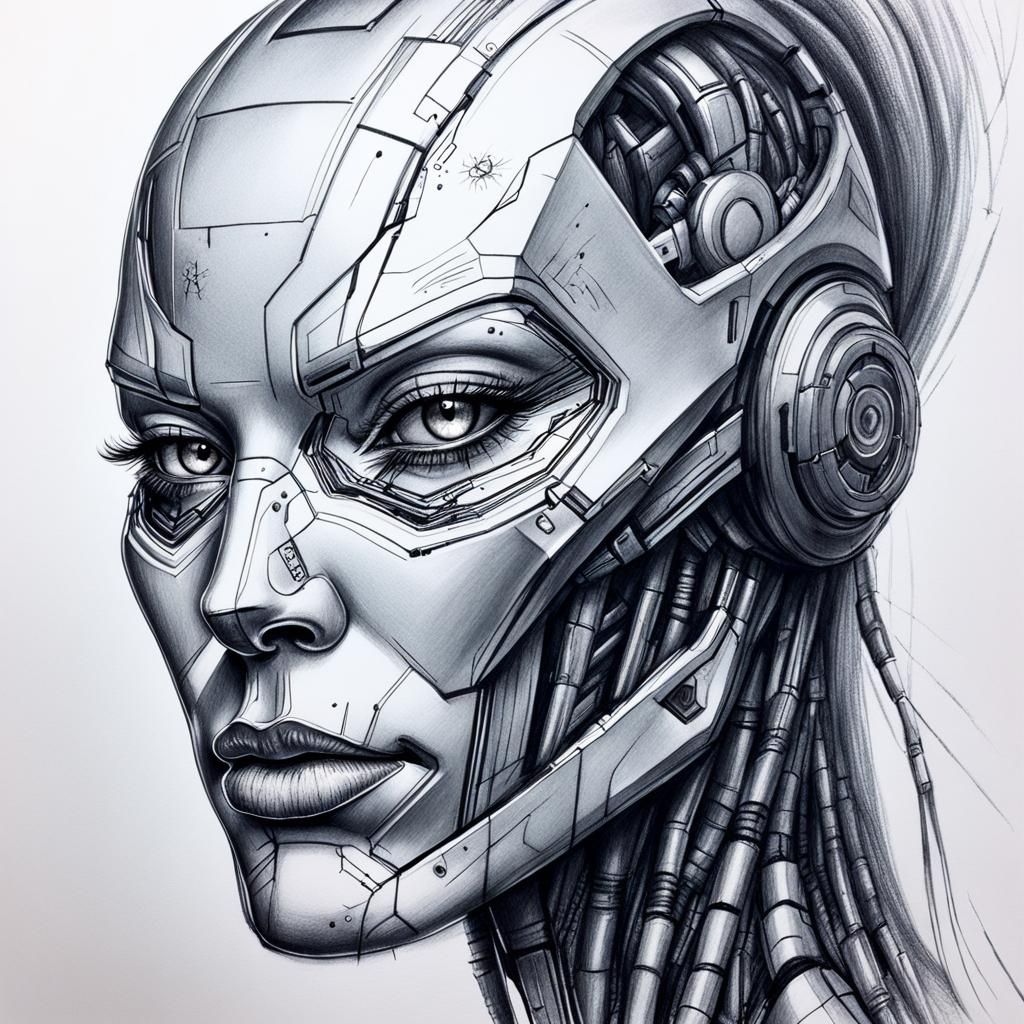 Cyborg Woman Face in Crayon Drawing