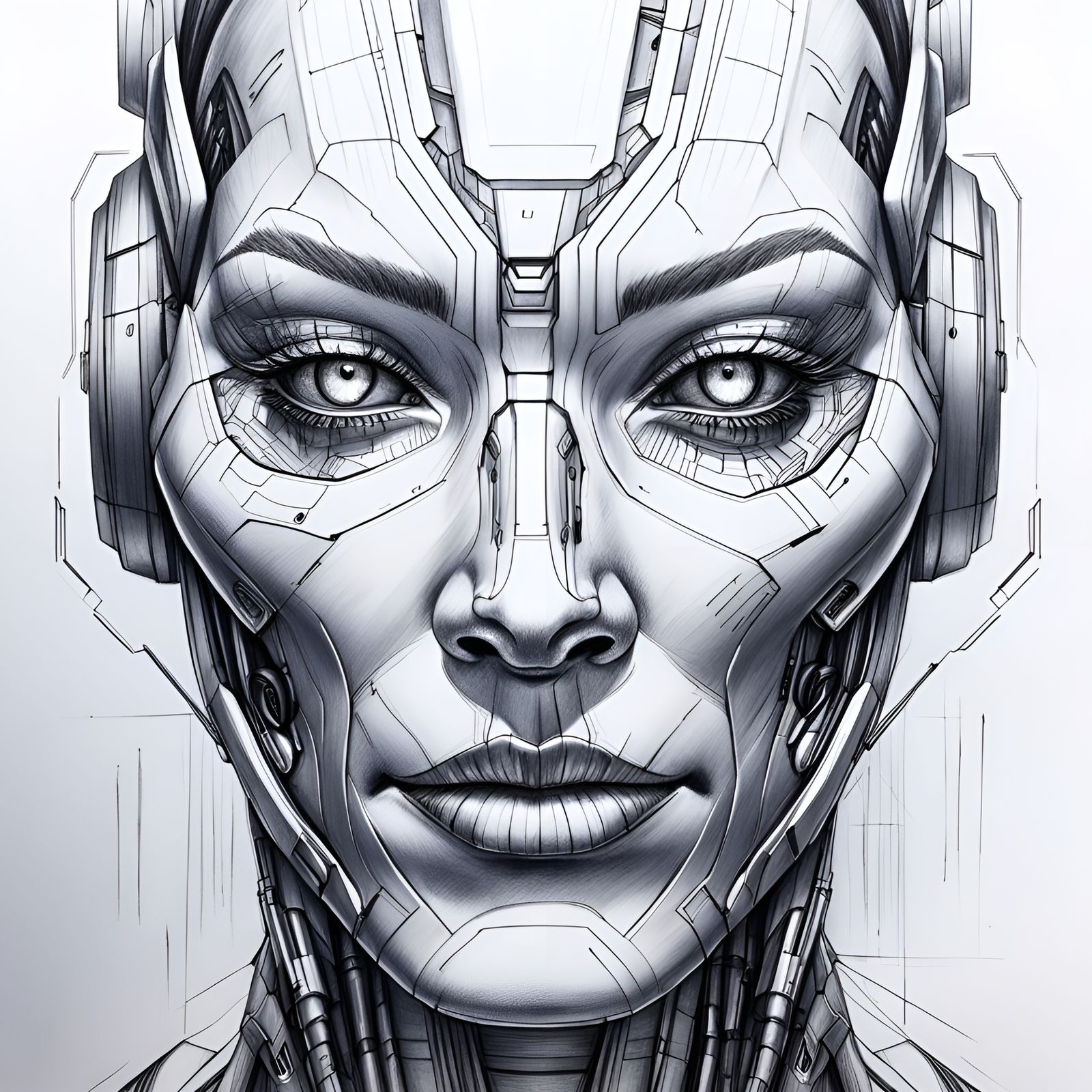 Cyborg Woman Face in Crayon Gris Crosshatch Style