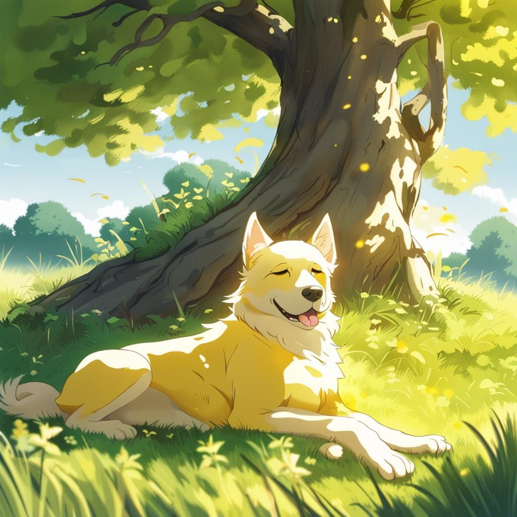 Dog Nap in Anime Style Under Sunny Tree