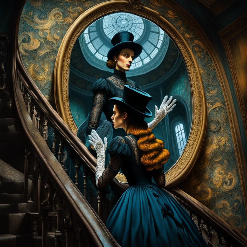Surreal Woman in Ornate Mirror, Eerie Cinematic Style