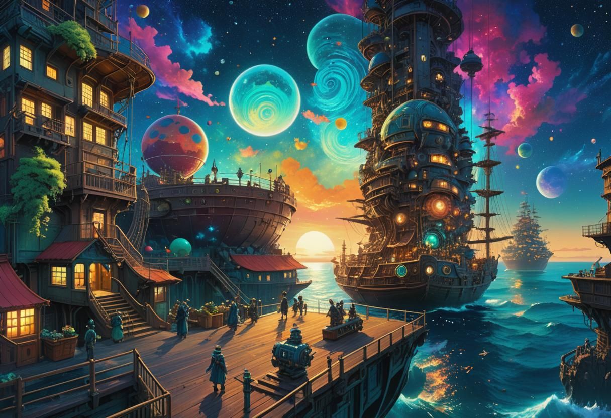 Starry Cyberpunk Sky Over Ocean: A Retro Sci-Fi Dream