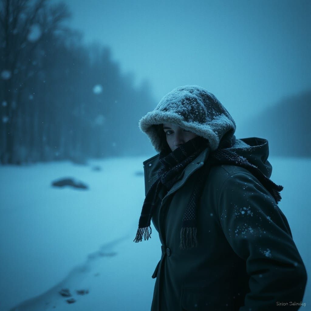 Shivering Person in Snowy Landscape as Digital Painting