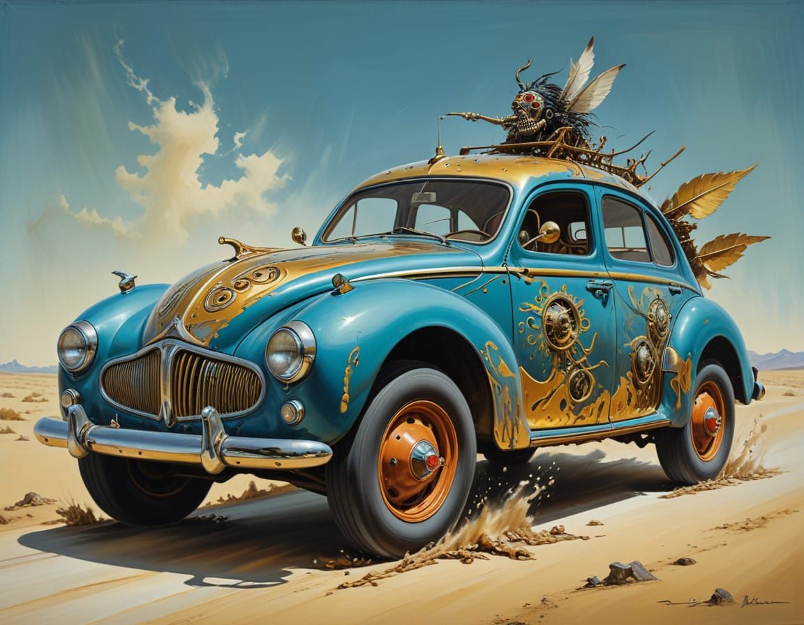 Surreal Tribal Car Speeding: Dali-esque Oil Painting