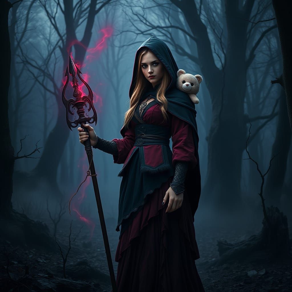 Battle-Scarred Woman in Cursed Forest, Dark Fantasy Art