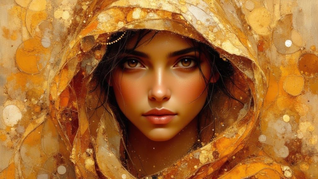 Veiled Woman in Desert, Klimt-Inspired Art