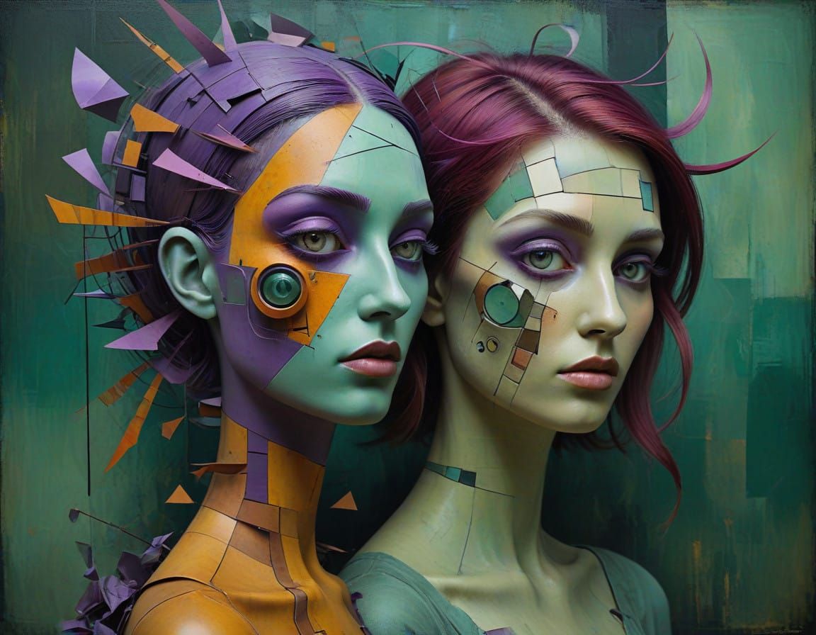 Cubist Surrealist Dystopian Portrait with Fragmented Faces