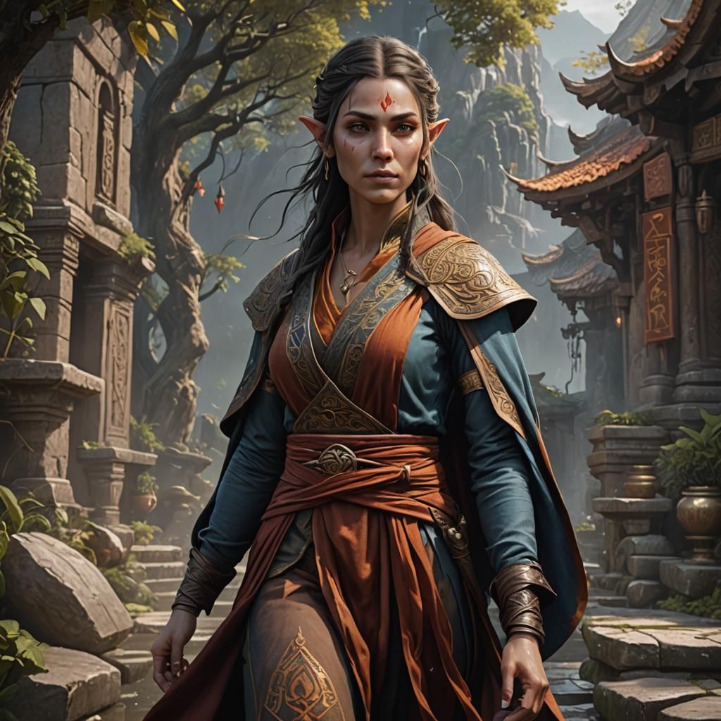 Fantasy Half-Elf Monk in Detailed Matte Painting