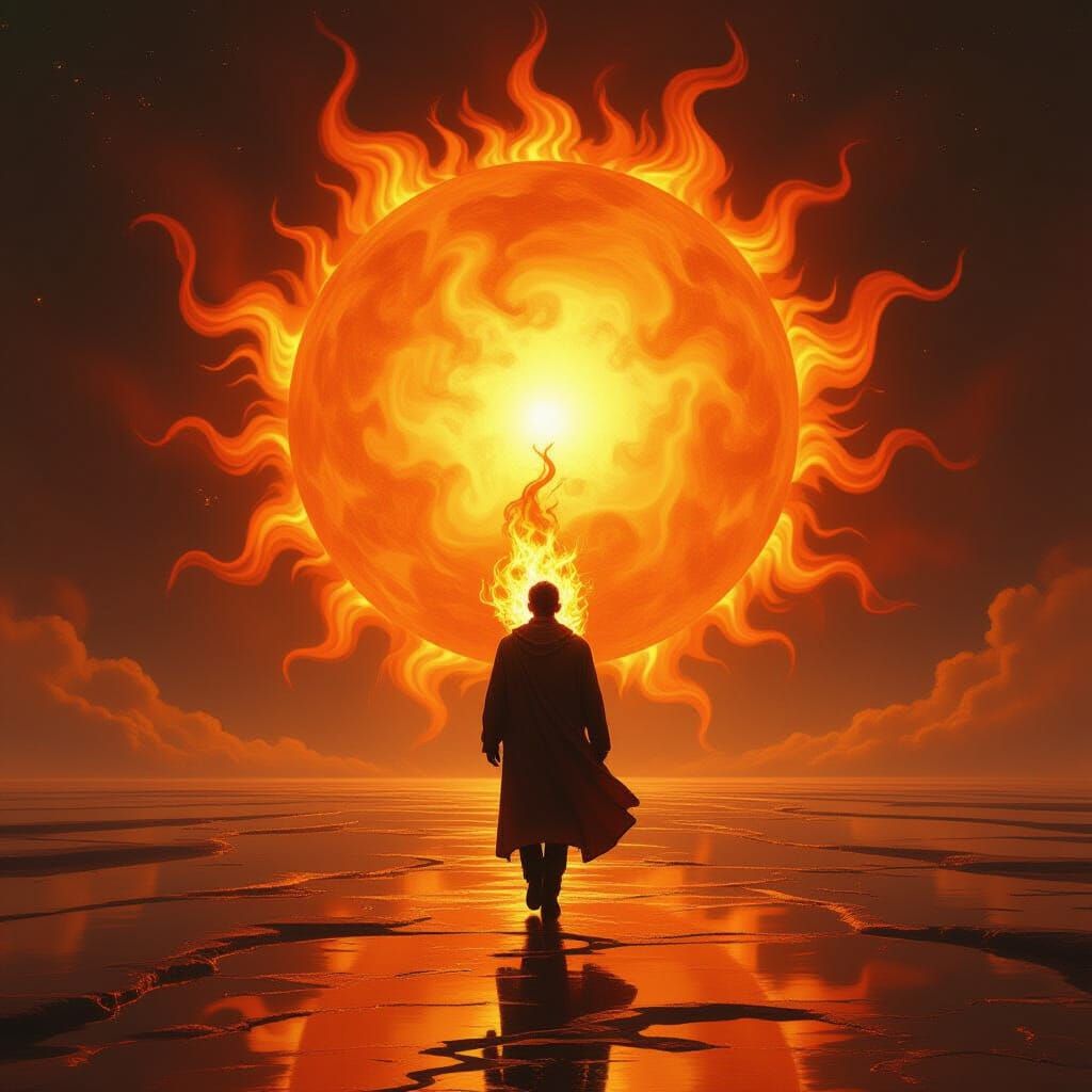 Ethereal Flames Person Walks Towards Radiant Sun