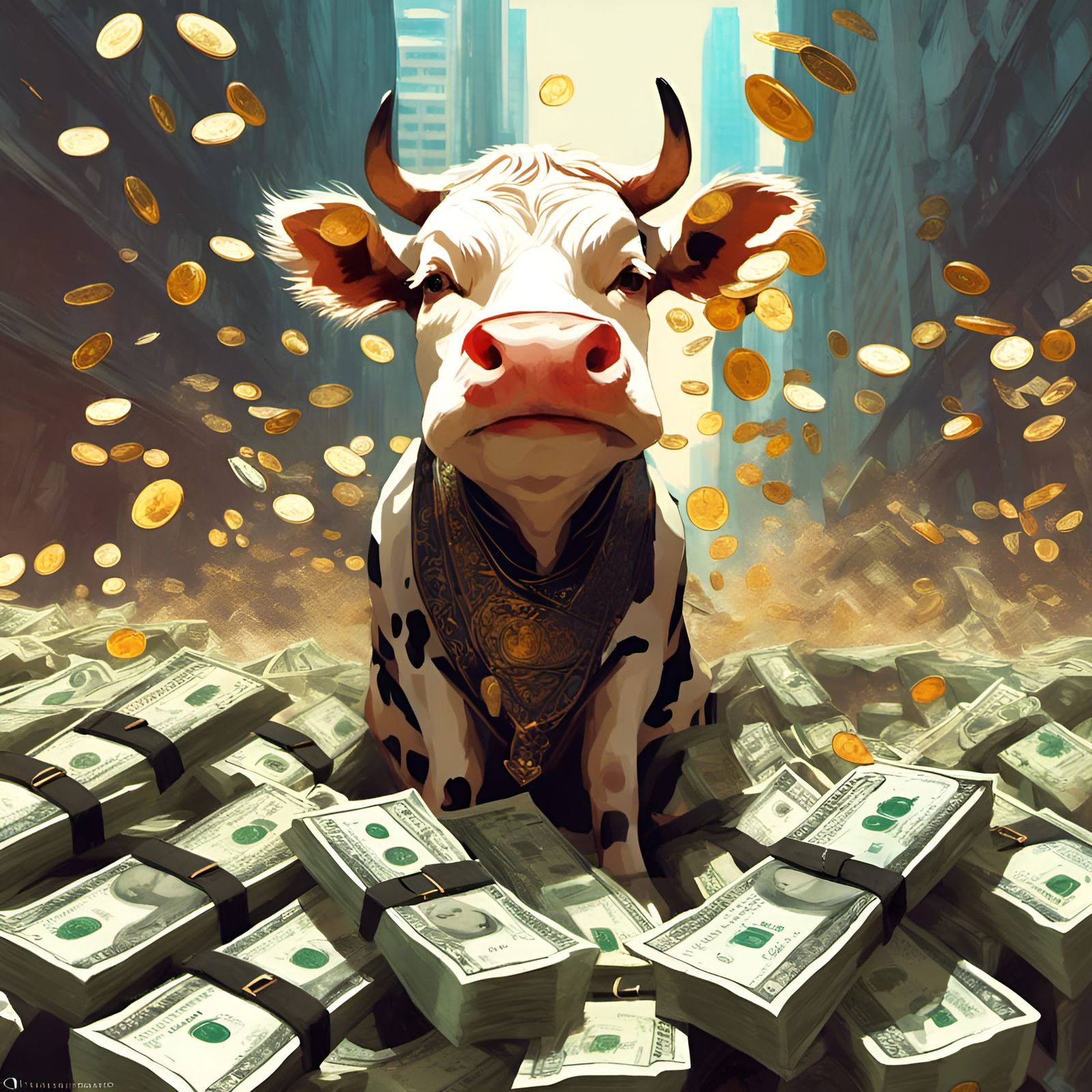 Chibi Cow Surrounded by Money