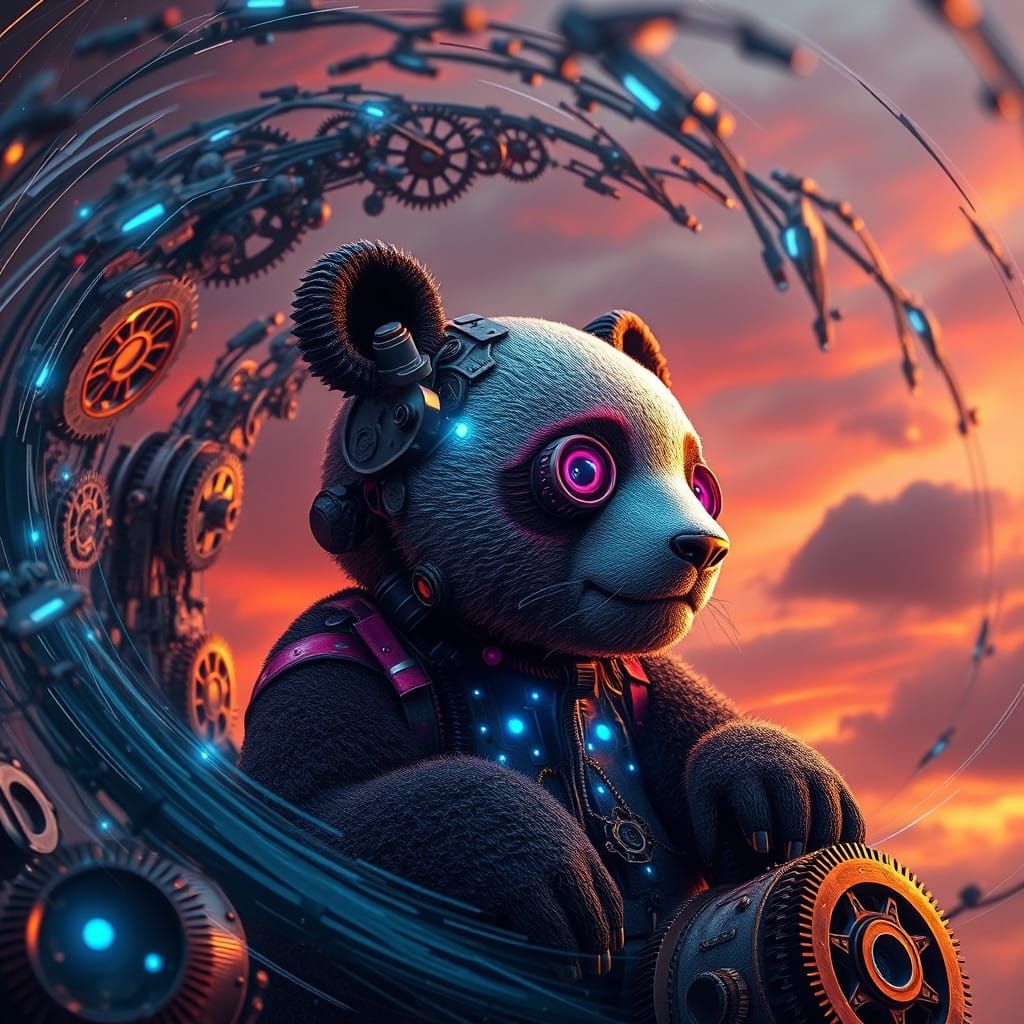 Majestic Mechanical Panda in Industrial Futurism Style