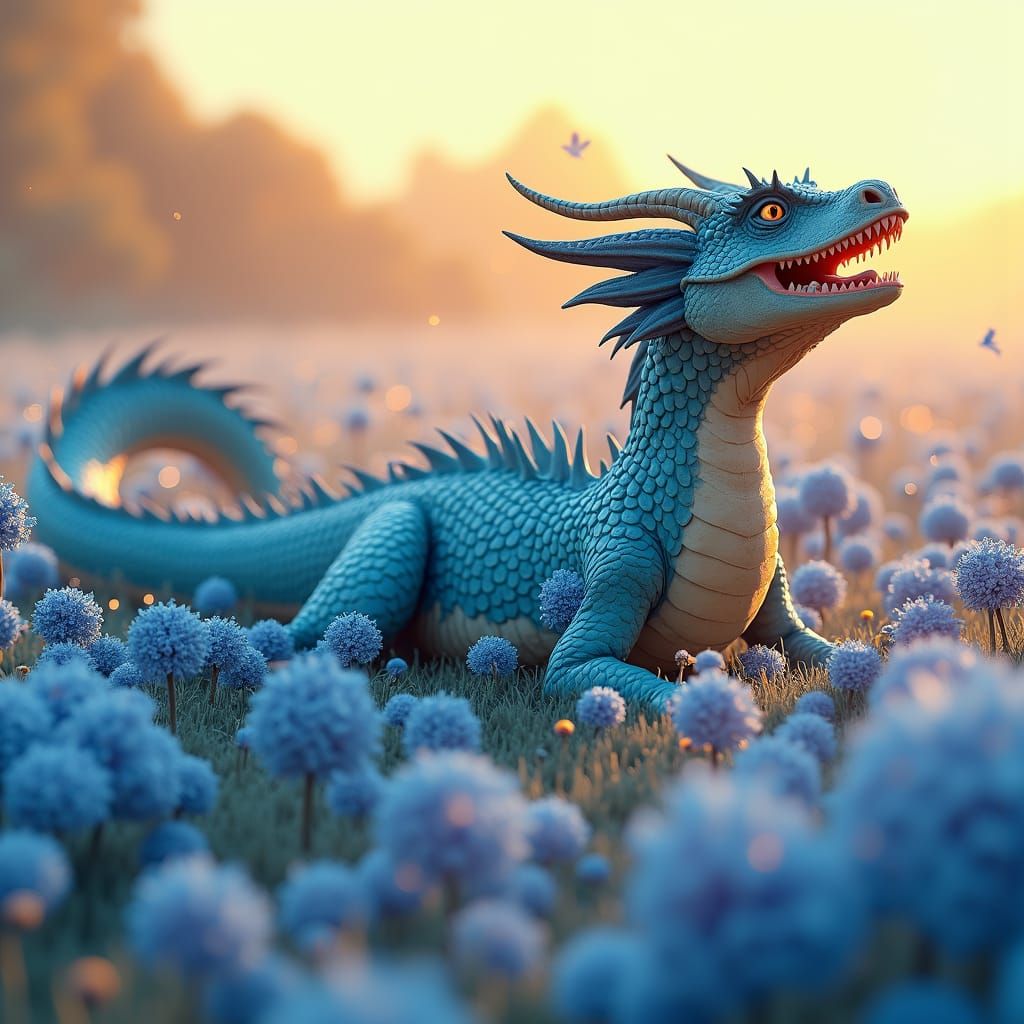 Blue Dragon Rolls in Flower Field, Unreal Engine 5