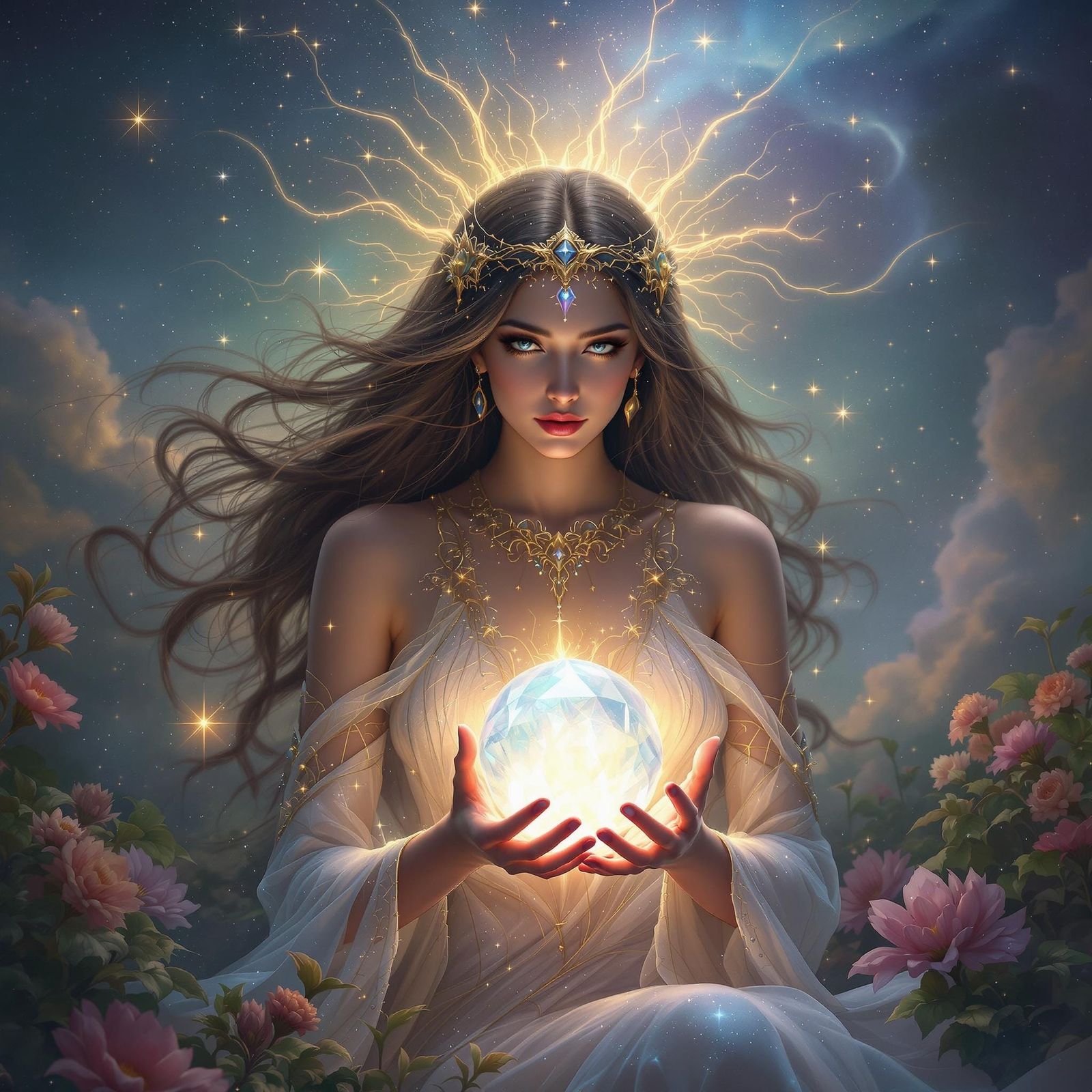 Surreal Goddess Sways to Ethereal Melody Beneath Celestial S...