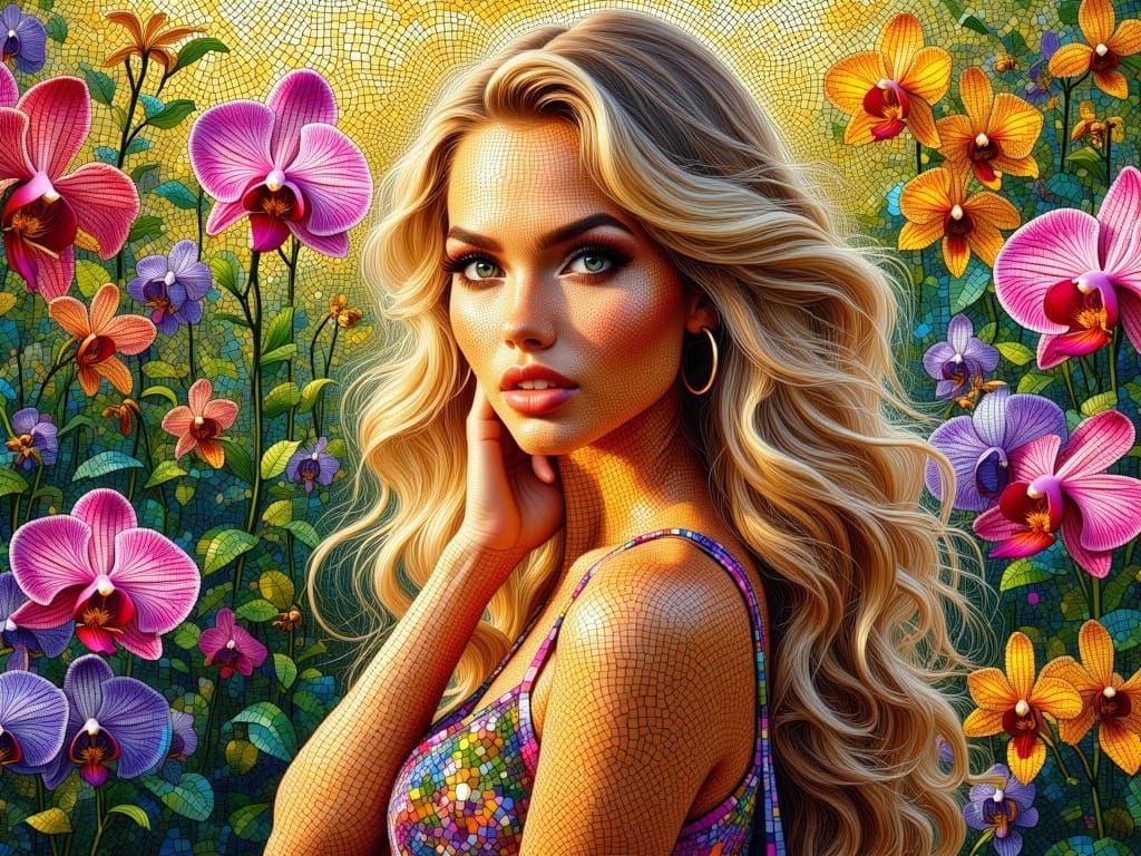 Mosaic of Blond Woman in Lush Orchid Garden