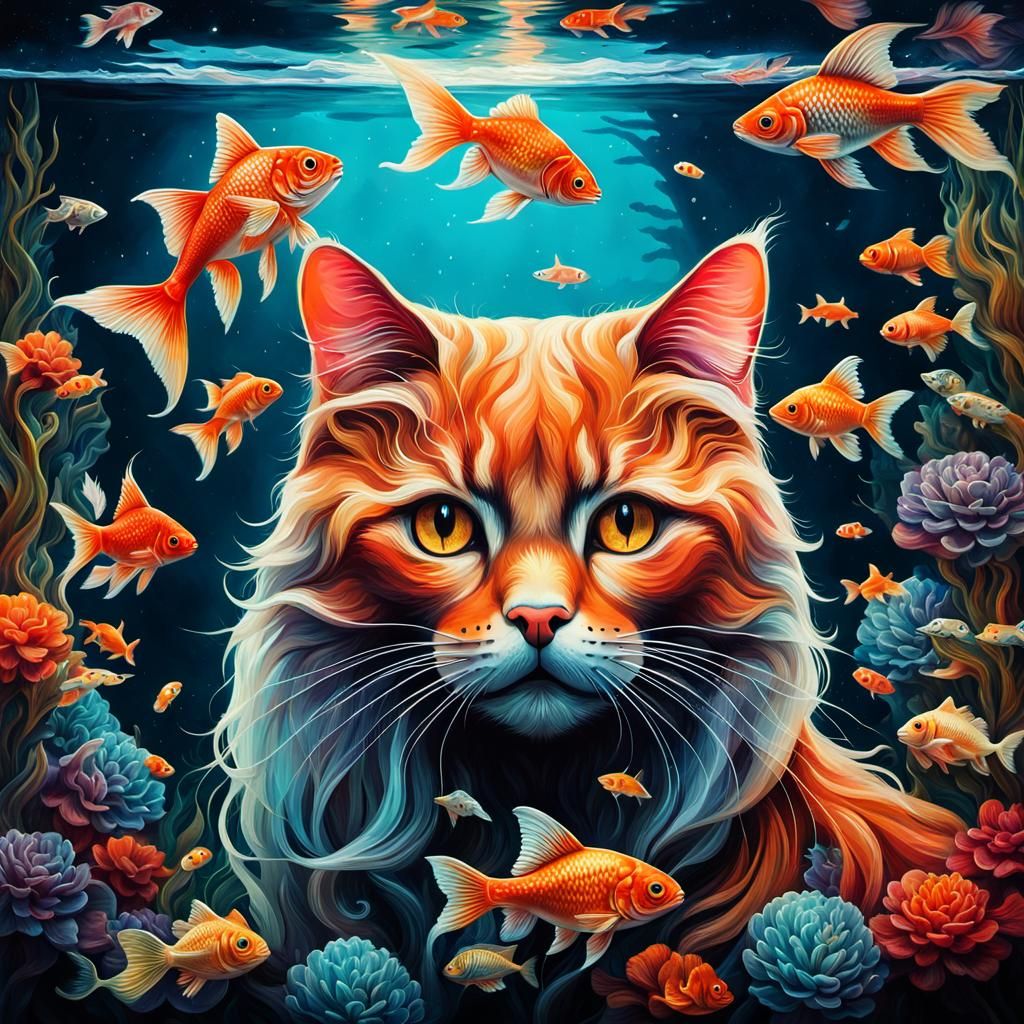 Sly Cat Gazing at Goldfish Aquarium