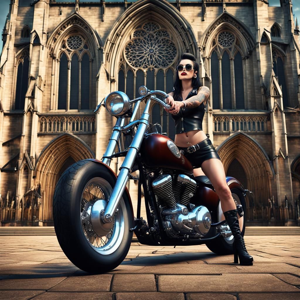 Rockabilly Girl on Chopper Outside Beverley Minster