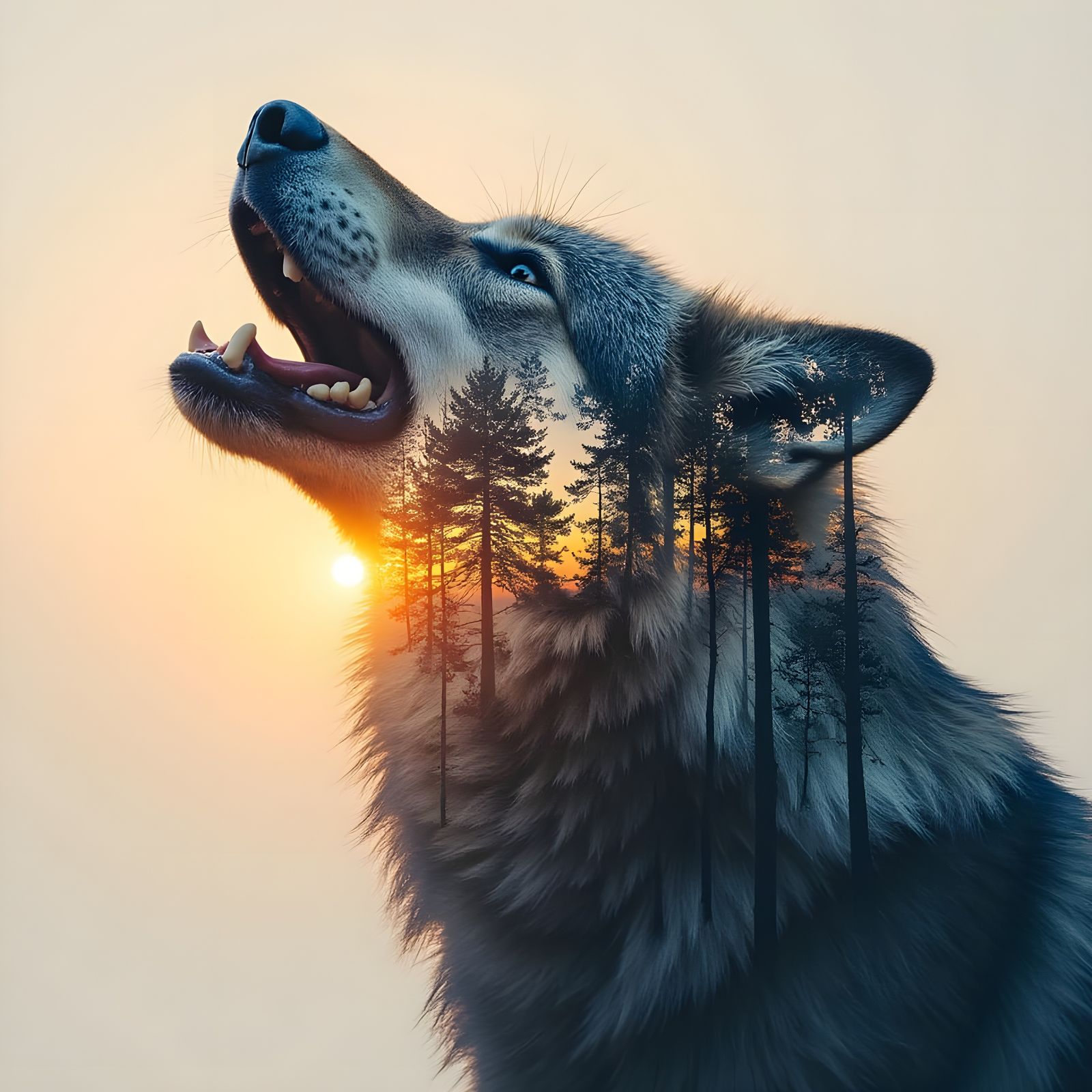 Sunrise Forest in Howling Wolf Silhouette, Double Exposure
