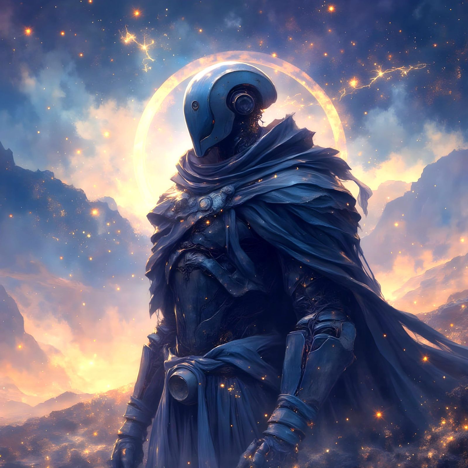 A Robotic Figure Dressed in a Tattered, Dark Gray Cloak