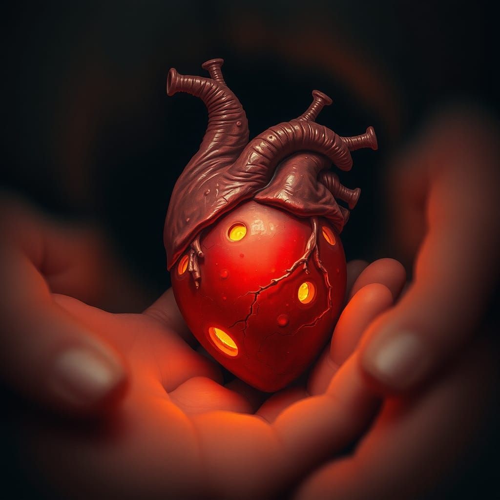 Glowing Crimson Heart in Surreal Dark Landscape