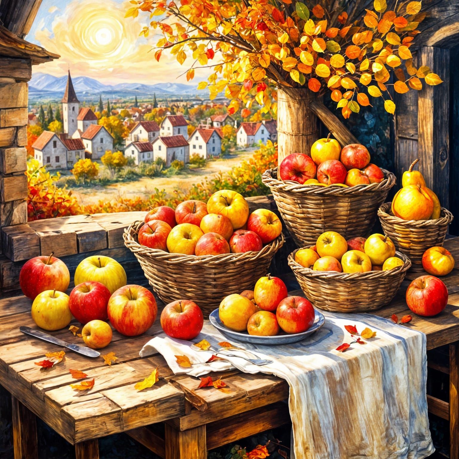 Abundant Autumn Harvest Feast Oil Painting