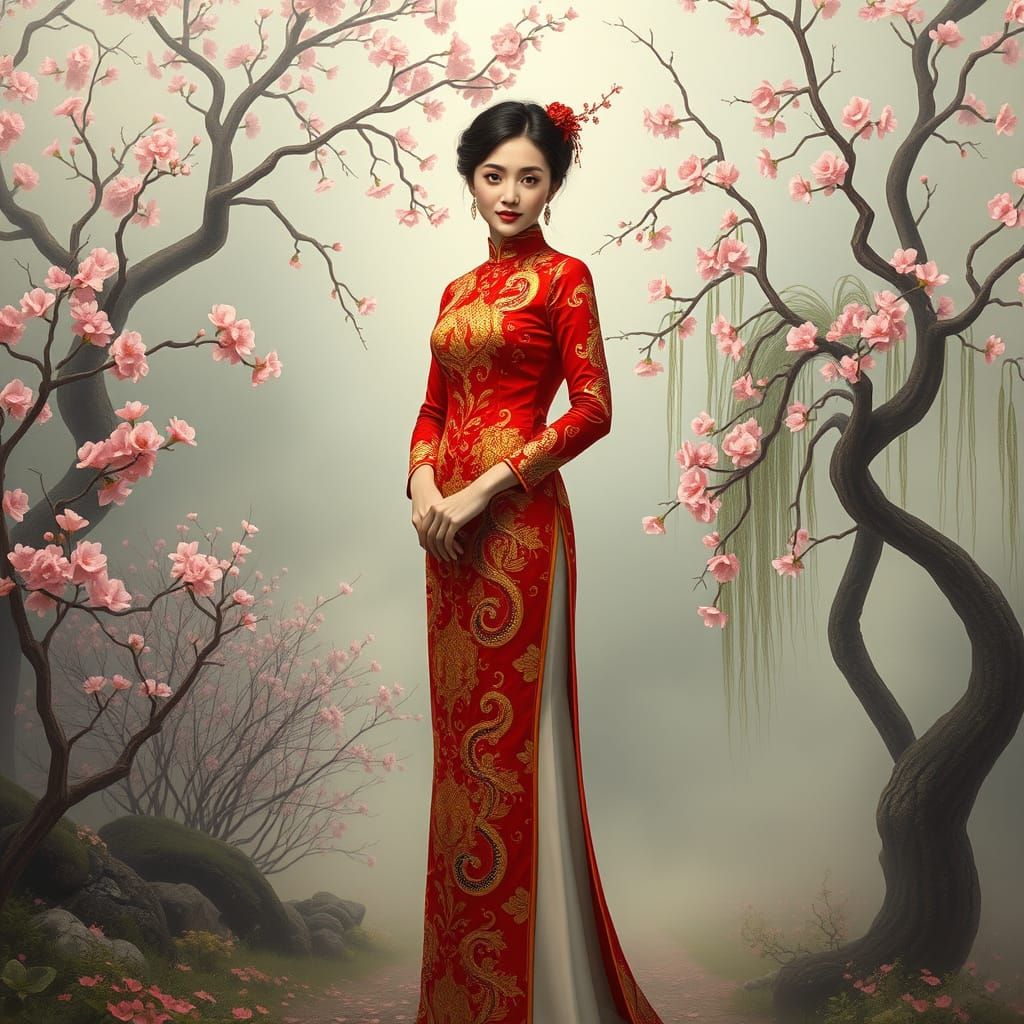 Mystical Woman in Vibrant Cheongsam Dress in Dreamlike Garde...