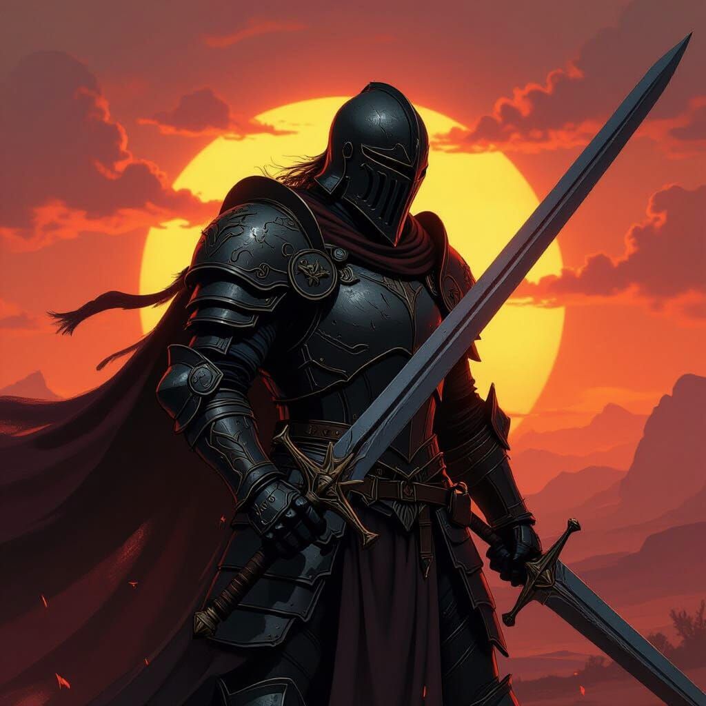 Armored Swordsman at Fiery Sunset in Epic Fantasy Style
