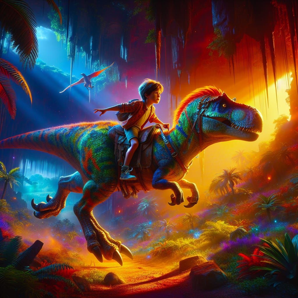 Boy Rides Dinosaur in Vibrant Prehistoric Realm