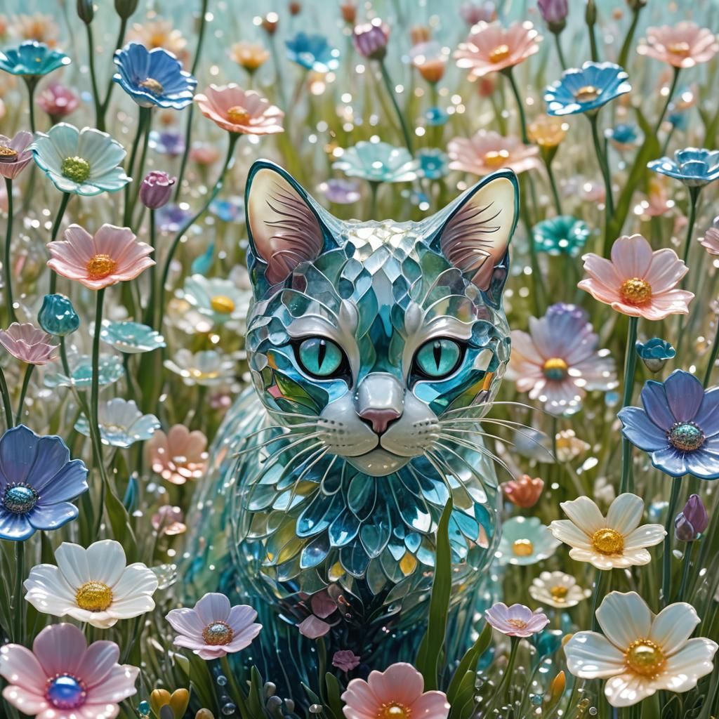 A cat made of glass in a field of glass flowers