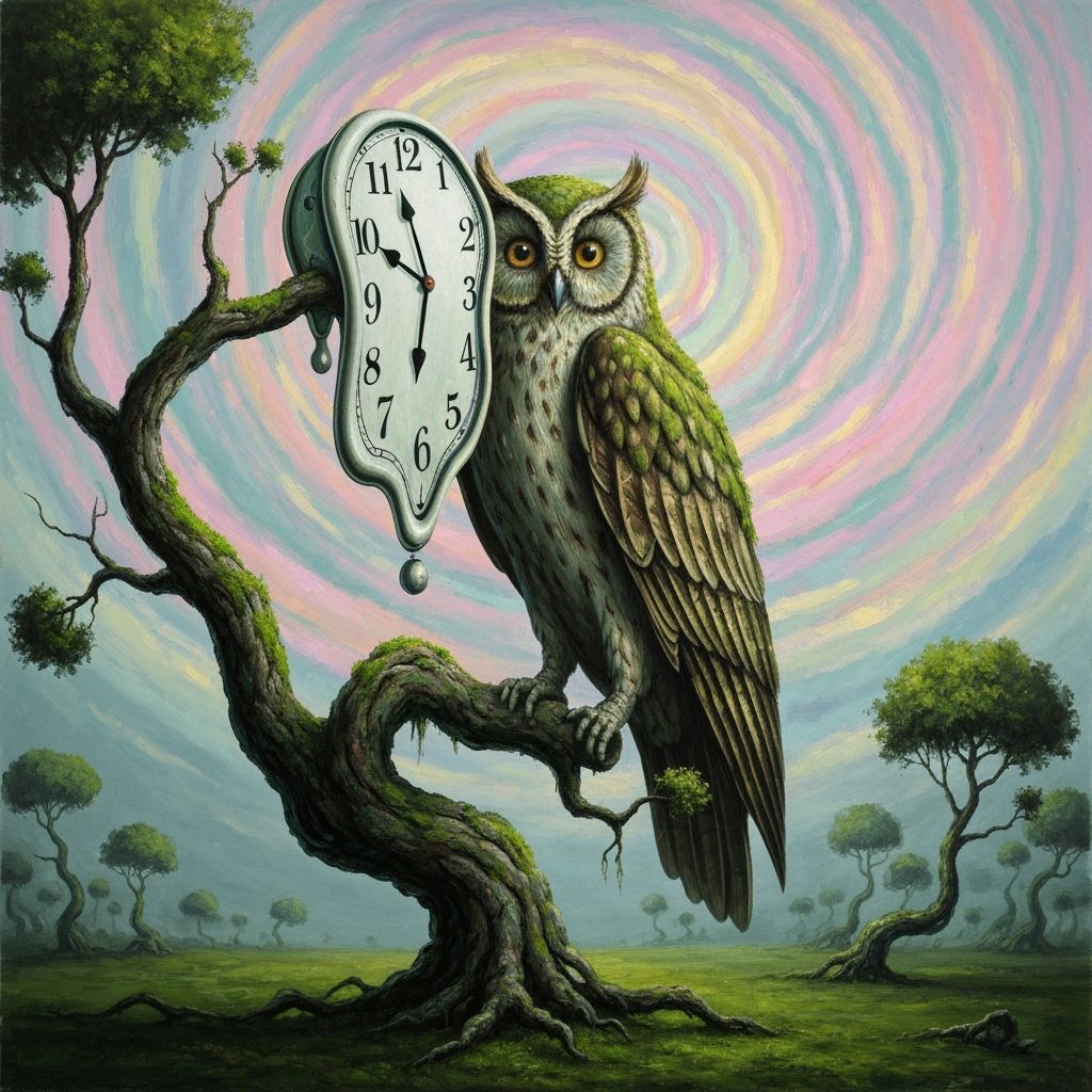Surreal Owl Guardian of Time in Dream Landscape