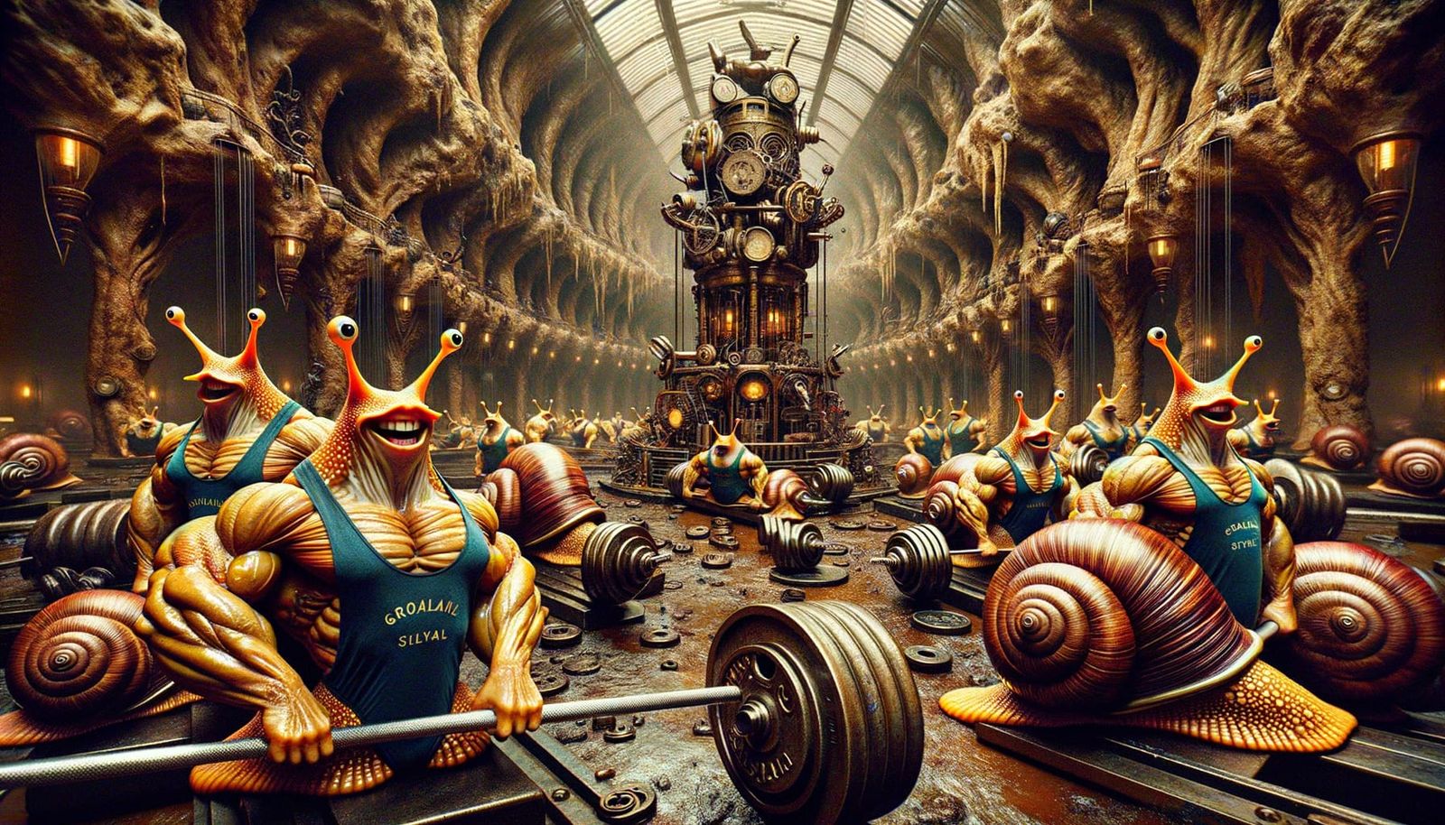 Dystopian Steampunk Gym with Muscular Snails and Slugs