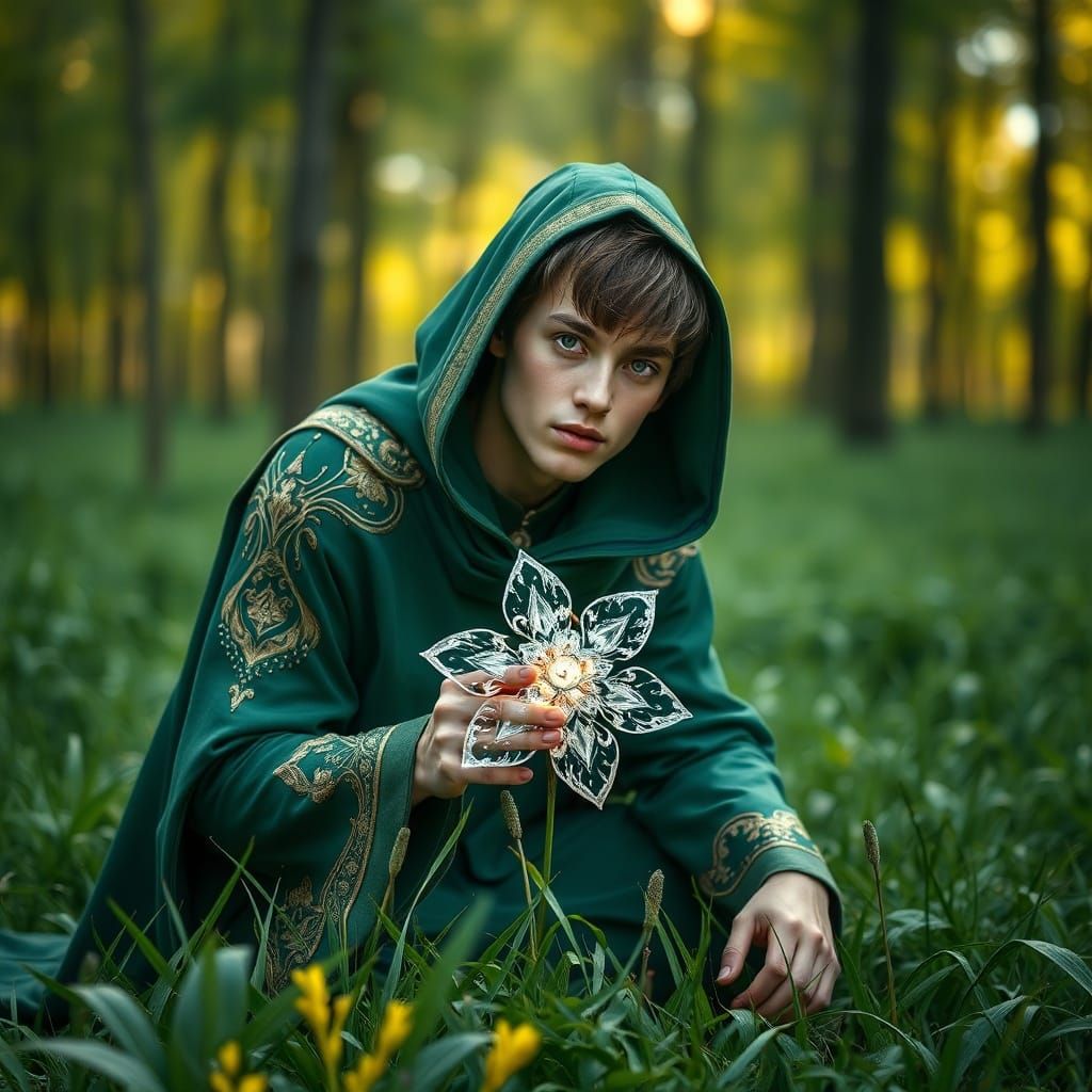 Fashion Model with Star Flower in Golden Hour Light