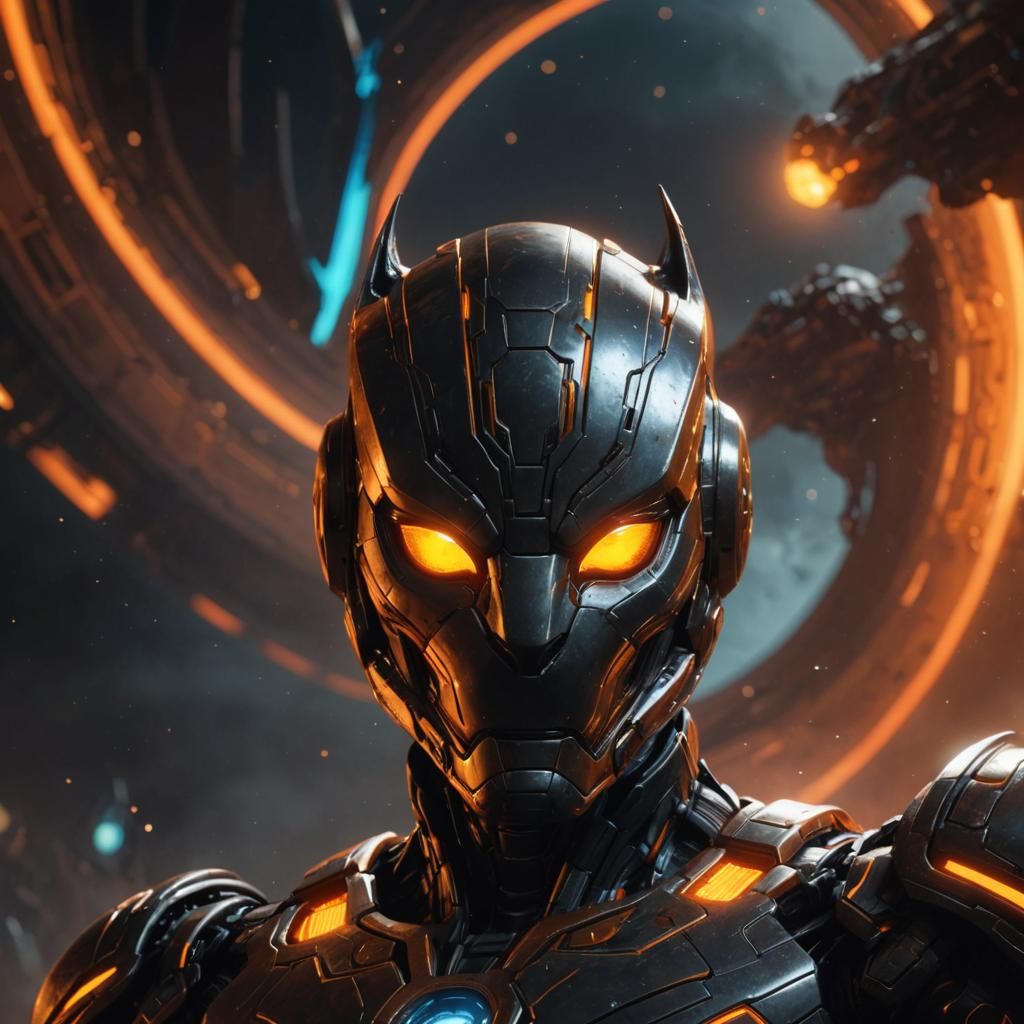 Futuristic Bastet God in Chrome Steel Nebula