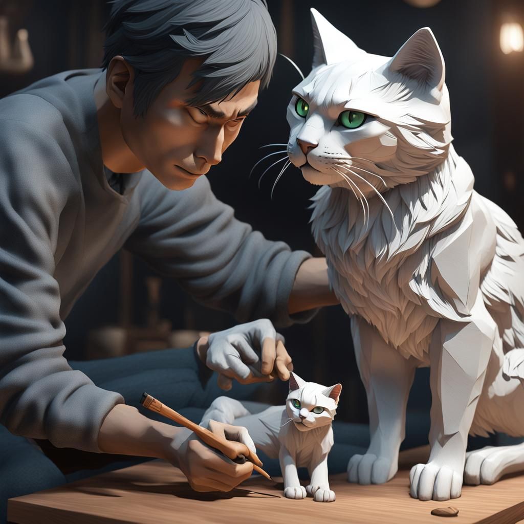 Man Carving Cat Sculpture in Anime Style