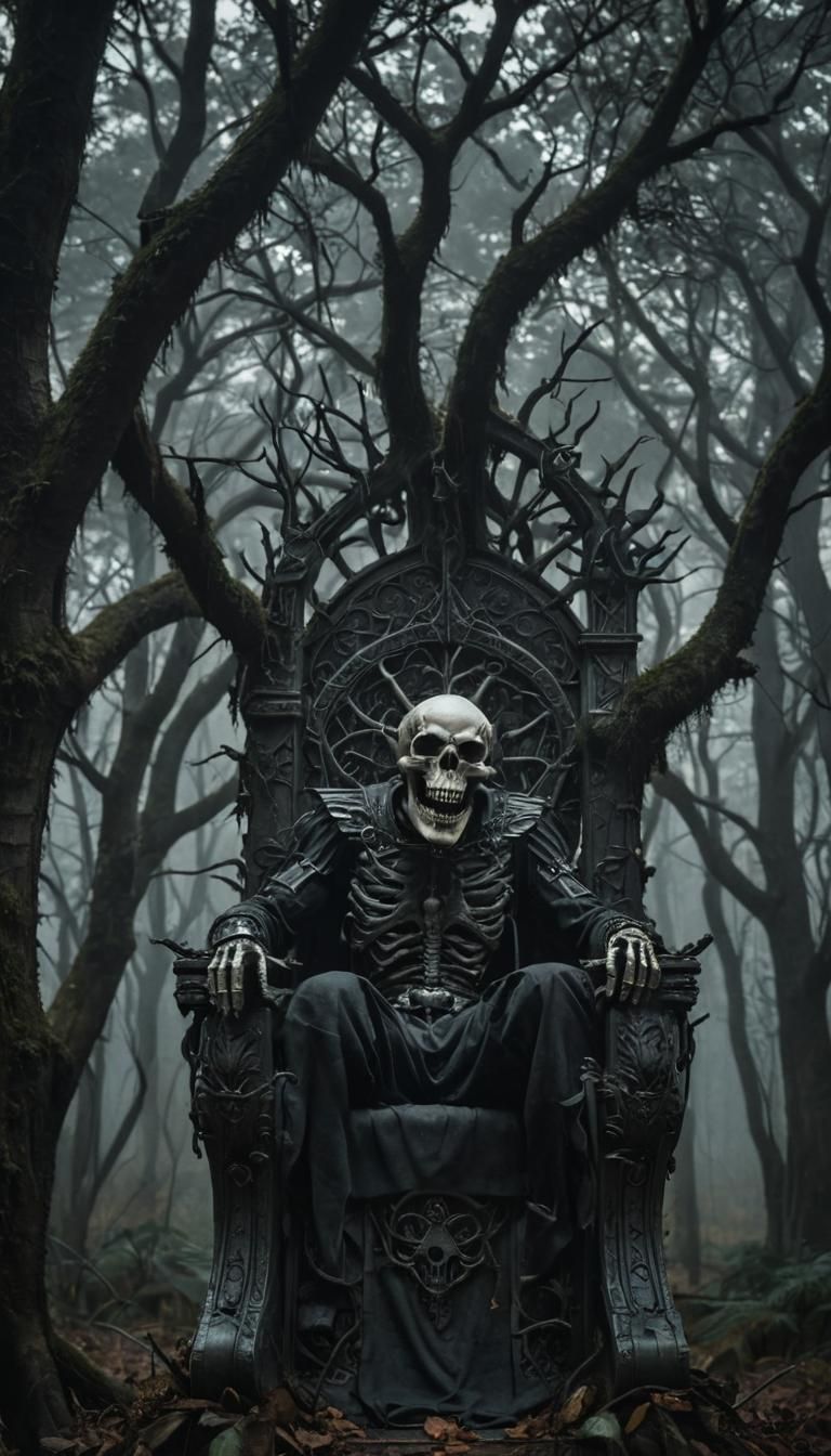 Grinning Skull on Throne in Gothic Surrealism